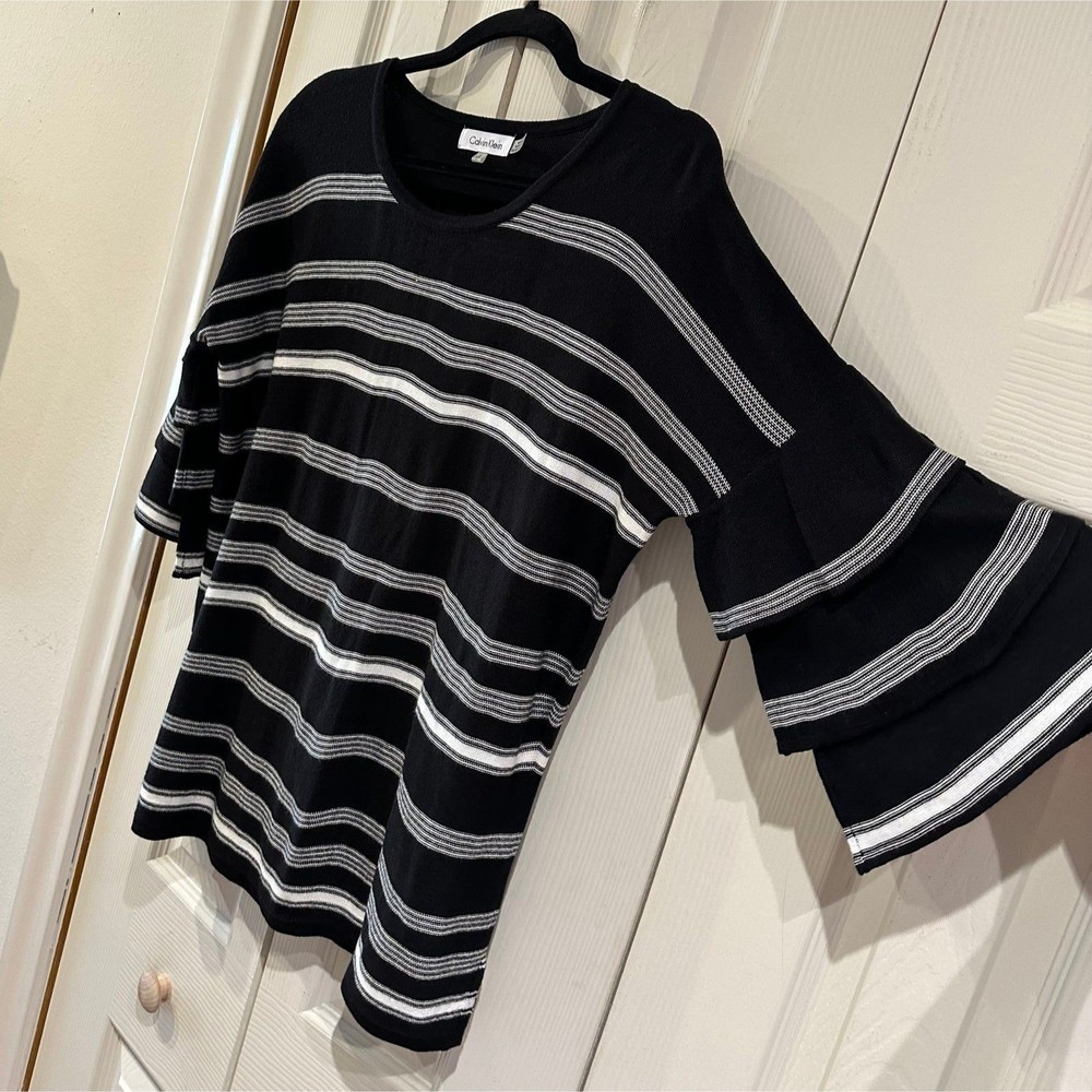 Calvin Klein Black & White Stripe Ruffled Bell Sleeve Scoop Neck Tunic Sweater